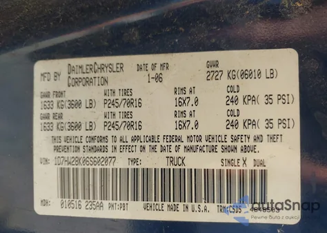 2006 Dodge Dakota Quad/St from USA, damaged, VIN 1D7HW28K06S602077